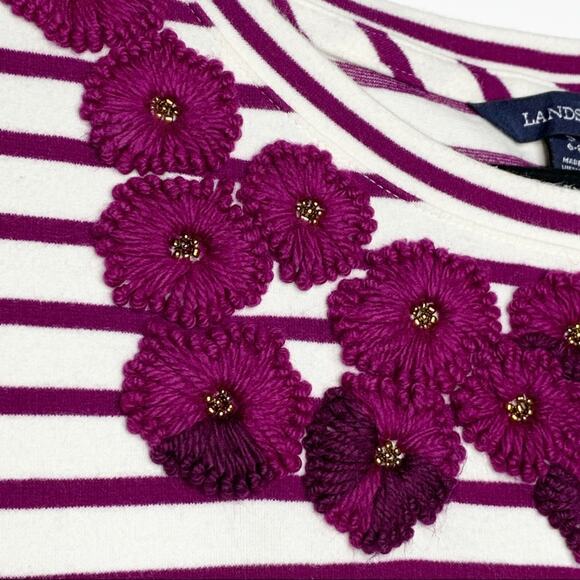 LAND'S END / purple white striped 3/4 sleeve embroidered floral top / S - Picture 4 of 7
